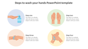 Steps to wash your hands slide with four illustrations: apply soap, scrub, rinse, and dry in colored circles.