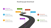 A winding road map slide with six color coded options, each marked with placeholders for text and icons.