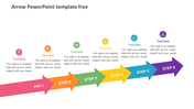 Arrow shaped timeline slide with six colorful steps, text boxes, and icons for each step.