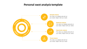 A orange themed circular diagram divided into four sections for SWOT each section has text placeholder and an icon.