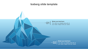 Iceberg slide with two text sections marked as points 01 and 02, showcasing layered design.