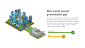 Isometric city illustration on the left side of a real estate project slide, with text and percentage bars on the right.