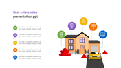 Real estate sales slide featuring a house with colorful icons and placeholder text.