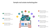 Illustration of a house with linked marketing icons, a tablet below, and text placeholders on both sides.