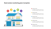 Real estate marketing template featuring a house, icons, and wioth placeholder text areas placed in a white background.