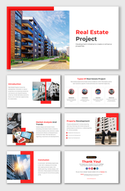 Real estate project slides featuring property images, development analysis, and types of real estate projects.