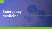 Blue and green medical slide deck with healthcare icons and related imagery, emphasizing emergency care.