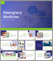 Blue and green medical slide deck with healthcare icons and related imagery, emphasizing emergency care.