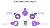 Herbal-themed slide template with purple circular icons for natural medicine, surrounding a central container icon.