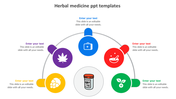 Semi circle layout with five colorful circular icons representing herbal elements surrounding a central pill bottle.