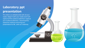 Illustration of a microscope and lab flasks with green and teal liquid, with a smooth gradient blue and white background.