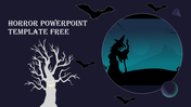 Horror template with a witch silhouette in a moonlit castle, bats flying, spooky tree in a dark background.