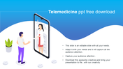 Telemedicine PowerPoint slide showing a doctor on a phone screen with a patient in front, ready for a virtual consultation.