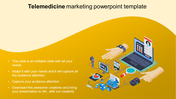 Telemedicine marketing slide featuring a laptop, medical icons, and wearable devices with health related data and captions.