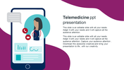 Slide depicting a telemedicine consultation on a smartphone, with healthcare related icons and placeholder text.