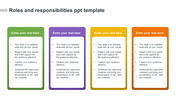 Four column roles and responsibilities slide with text areas in green, purple, yellow, and orange.