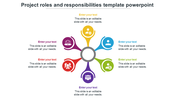 Colorful project roles and responsibilities slide with six labeled sections branching from a central circle with icons.