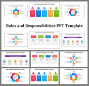 Collection of slides showing roles and responsibilities in diverse shapes and vibrant colors, featuring diagrams and lists.