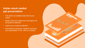 A slide with an orange layout background and key features of Indian stock market with caption areas.