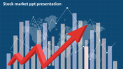 A stock market slide showing a rising red arrow over a background of bar and line graphs with a world map.