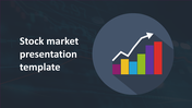 Stock market slide with a colorful bar chart and upward arrow inside a circle, symbolizing market growth.