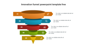 Innovation funnel slide with five colored stages representing different processes, numbered from 1 to 5 with icons and text.