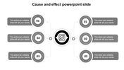 Cause and effect PowerPoint template with three causes on each side leading to a central effect.