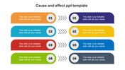 Colorful cause and effect diagram slide featuring text sections and arrows indicating relationships with placeholder text.