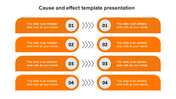 Slide featuring an orange cause and effect template with four rows, each showing numbered steps and connecting arrows.