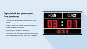 A vibrant digital clock slide featuring a countdown timer of three minutes with score tracking for home and guest teams.