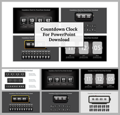 Dark themed countdown clock slides with various timer layouts, including days, hours, and minutes.