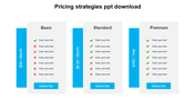 Three pricing plans strategy displayed in columns each with checkmarks and crosses along with price banners on the sides.