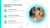 A graphic showing three educational technology concepts, with icons, and a photo of a student studying on a laptop.