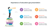 Importance of education slide featuring a person with a telescope on a stack of books, with six colorful text icons.