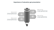 Importance of education PowerPoint slide with a pencil graphic and four text boxes for key points.