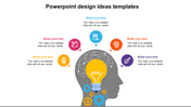 PPT template design featuring a head silhouette with interconnected nodes and a light bulb surrounded by six text with icons.