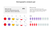 Infographic showing demographic data with colorful circular pie charts, text boxes, and colored figures in purple and red.