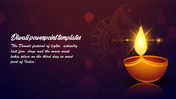 Diwali slide with a shining diya on a dark background and decorative elements, accompanied by text about the festival.