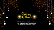 Diwali PowerPoint template with fireworks and diyas with a message on a dark backdrop.