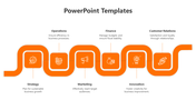 Orange winding path diagram slide illustrating six steps with their respective icons and text descriptions.