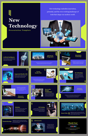 A pack of new technology slides showcasing various technological innovations with images on a multi colored background.