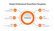 The slide shows six numbered segments each with caption areas around a central orange circle labeled with title text.