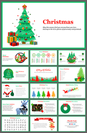 Christmas slide deck with festive tree images, gift boxes, and Santa illustrations, featuring holiday themes and decorations.