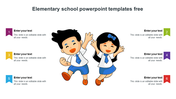 A slide showing an elementary school theme with animated children in uniform and six colorful text placeholders.