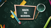 Back to school themed slide with chalkboard, pencil, ruler, magnifying glass, and icons on a green background.