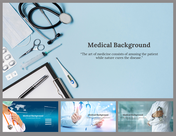 Light blue medical background with stethoscope, syringe, and medical quote surrounded by various healthcare items.