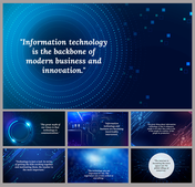 Information technology-themed slide with a blue digital swirl pattern and a central quote about technology and innovation.