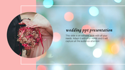 Wedding-themed slide with a soft bokeh background and a close-up of a bride holding a bouquet with a text area.