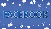 Facebook slide with bold text centered, surrounded by various white social media icons, set against a blue background.