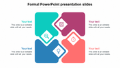 Formal slides with four overlapping shapes in multicolour with icons and placeholder text.